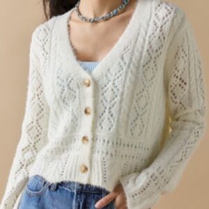 Francesca’s Pointelle Button Down Cardigan Ivory